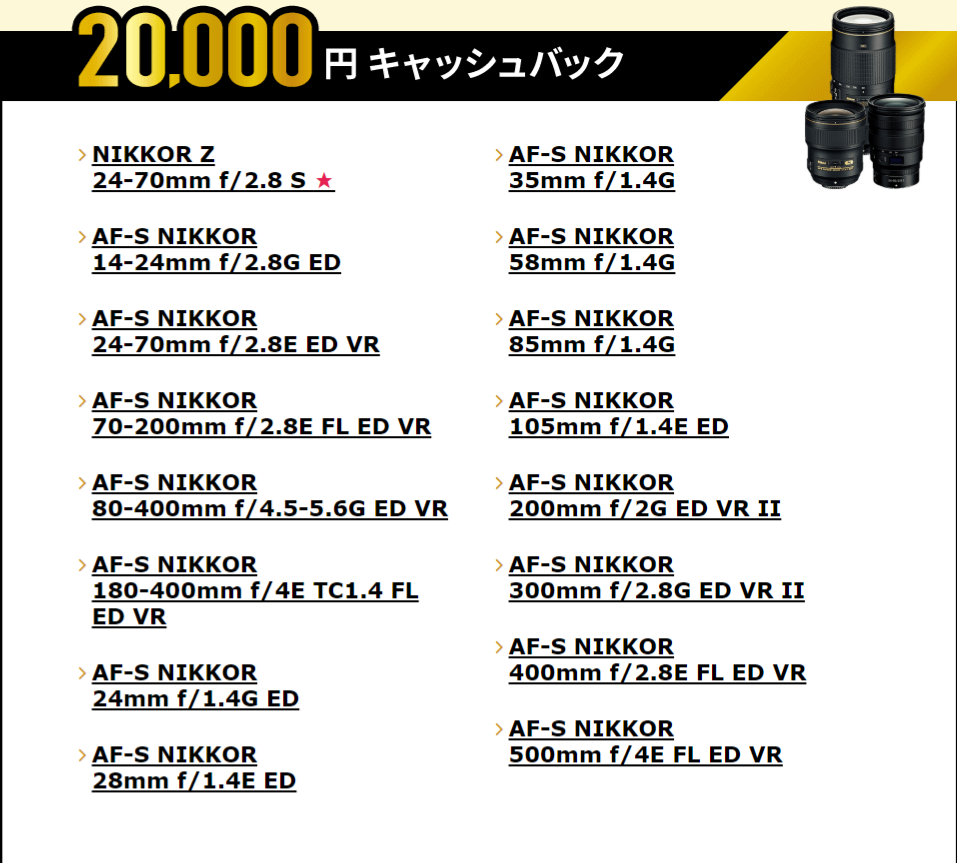 ニコン　レンズ2万円キャッシュバック